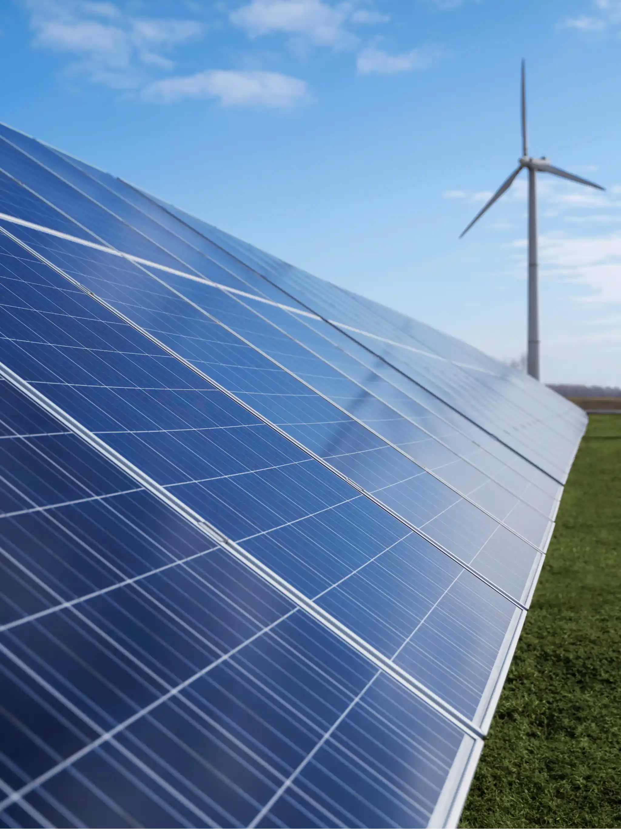 Solar panels with a wind turbine behind them