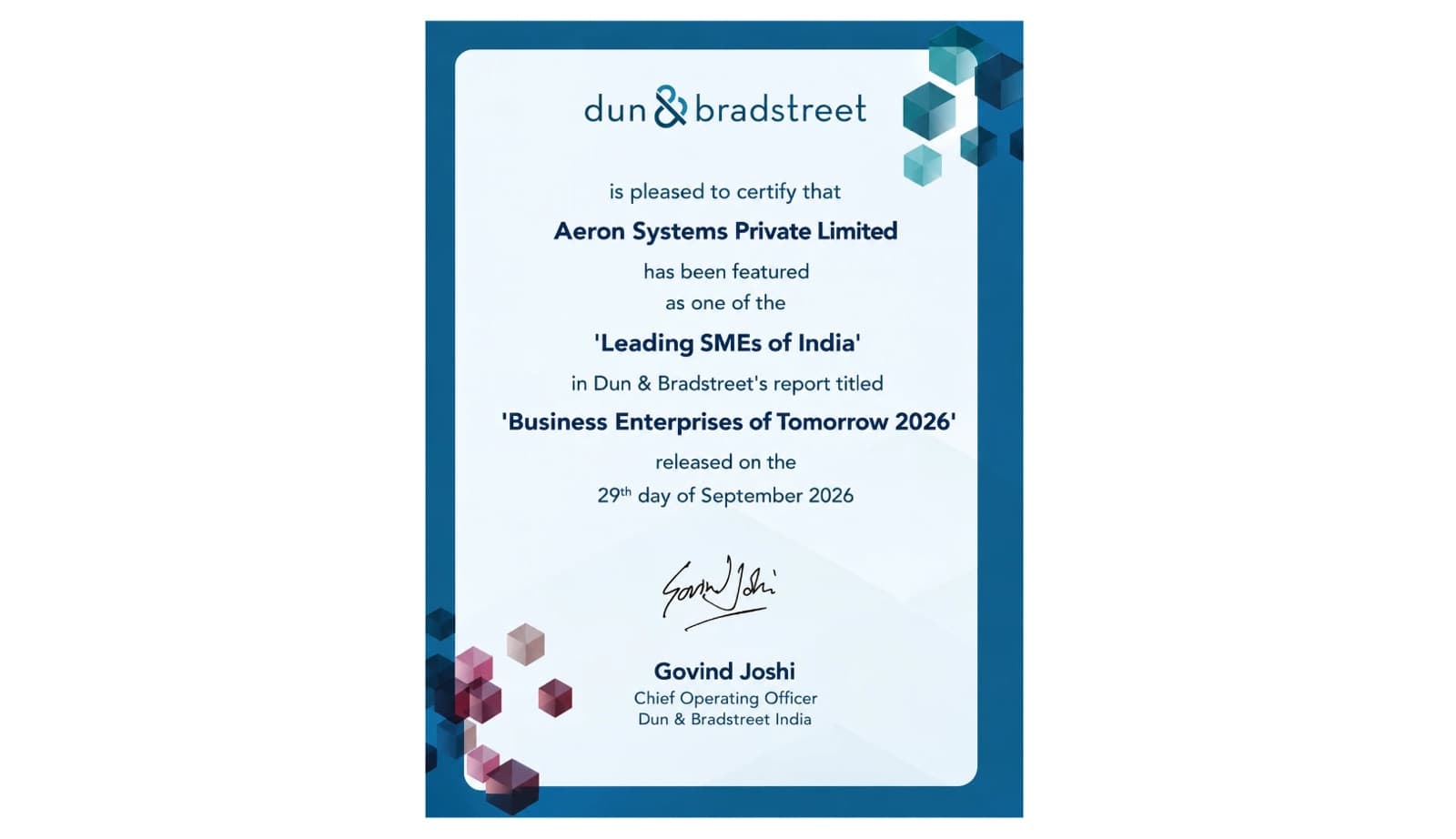 Dun & Bradstreet certificate naming Aeron Systems Private Limited one of the Leading SMEs of India, Business Enterprises of Tomorrow 2026