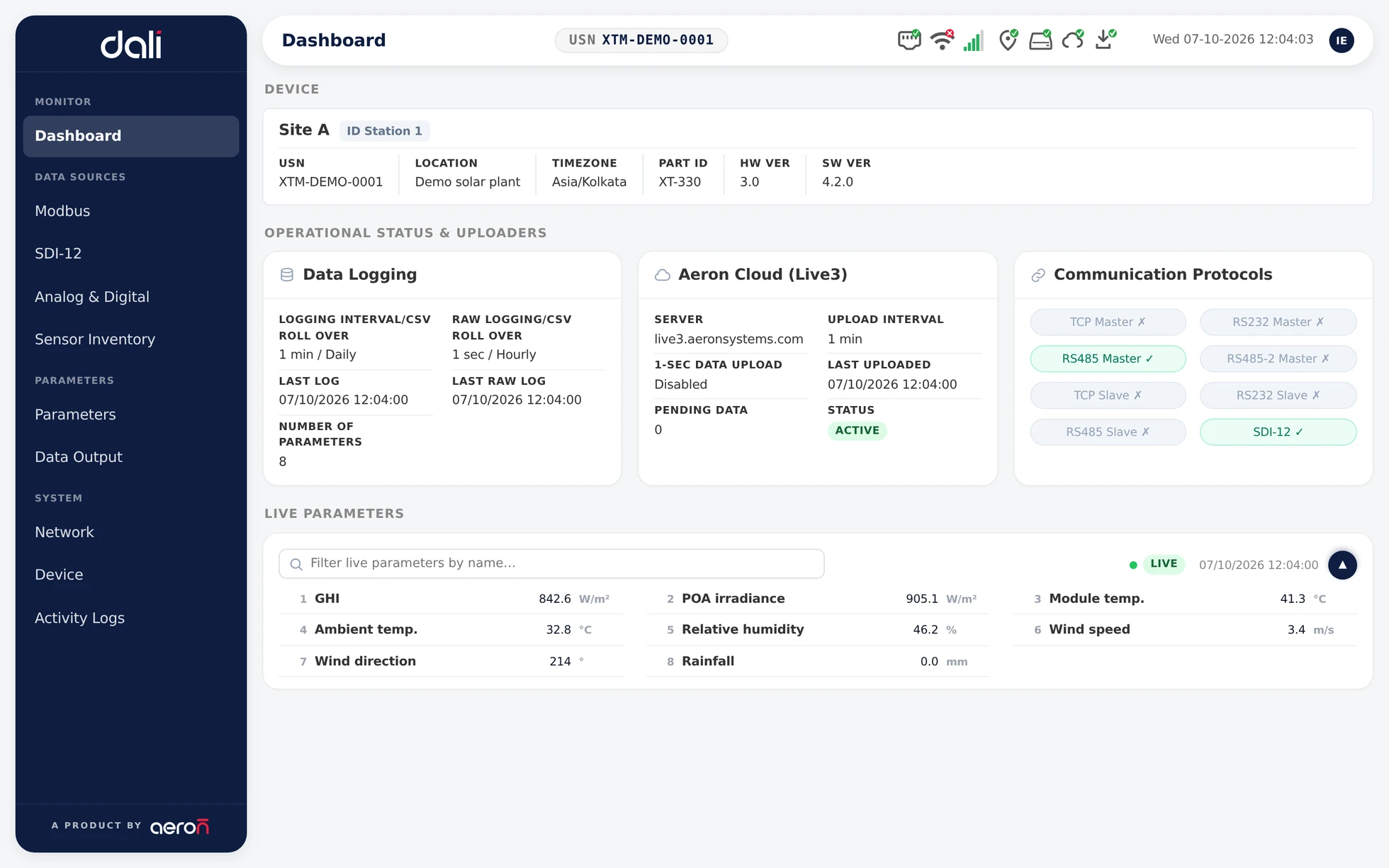 The DALI dashboard for station Site A, shown with demo values: device details, data logging and Aeron Cloud upload both active, and live parameters including GHI 842.6 W/m², module temperature 41.3 °C, ambient temperature 32.8 °C and wind speed 3.4 m/s.