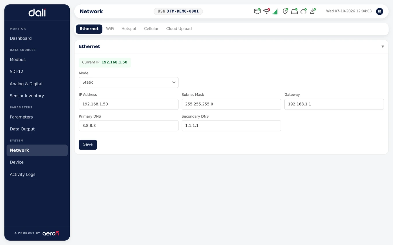 The DALI Network page, shown with demo values: tabs for Ethernet, WiFi, Hotspot, Cellular and Cloud Upload, with the Ethernet tab open on a static address.