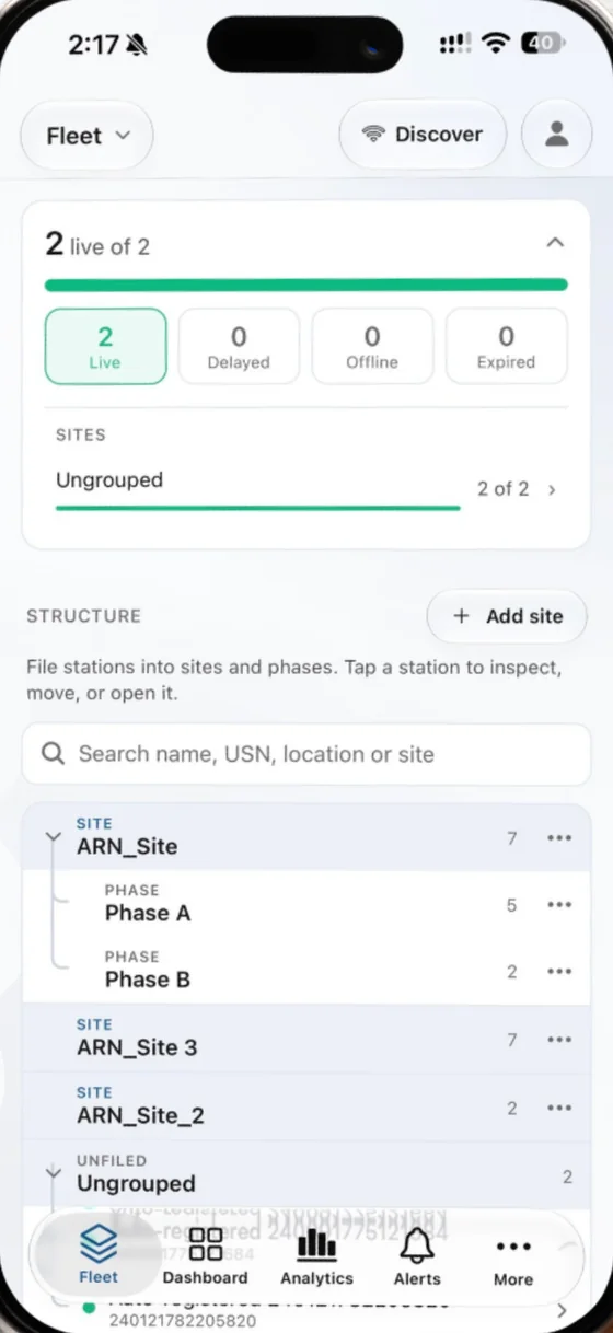 Live3 Mobile Fleet screen: stations filed into sites and phases, with counts of live, delayed and offline stations