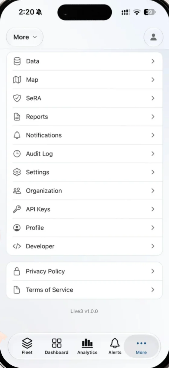 Live3 Mobile More menu: Data, Map, SeRA, Reports, Notifications, Audit Log and settings