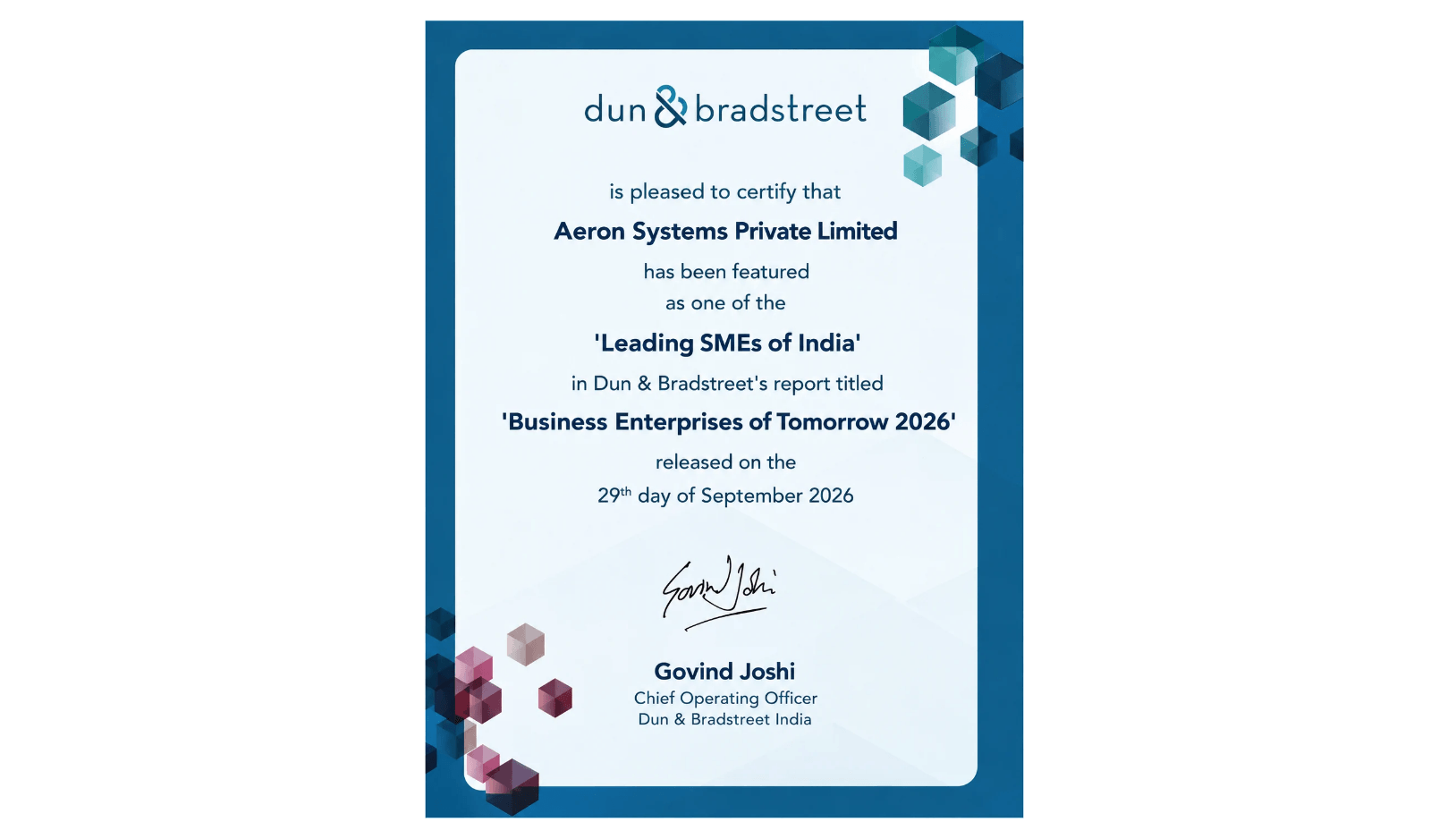 Aeron Systems Recognised Among Leading SMEs of India