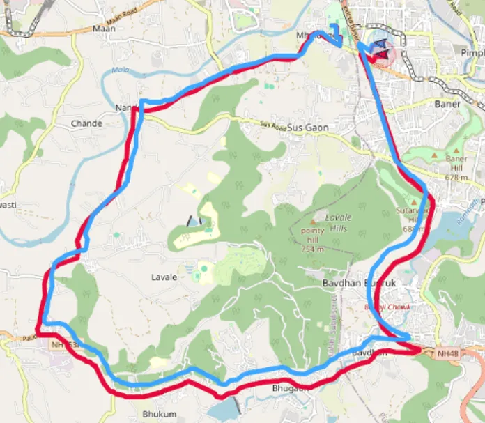 Map of the drive test route with the Pollux 3 track and the GNSS reference track nearly overlapping