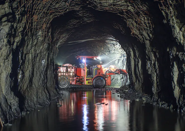 Unmanned inspection vehicle with floodlights driving through a wet underground mine tunnel