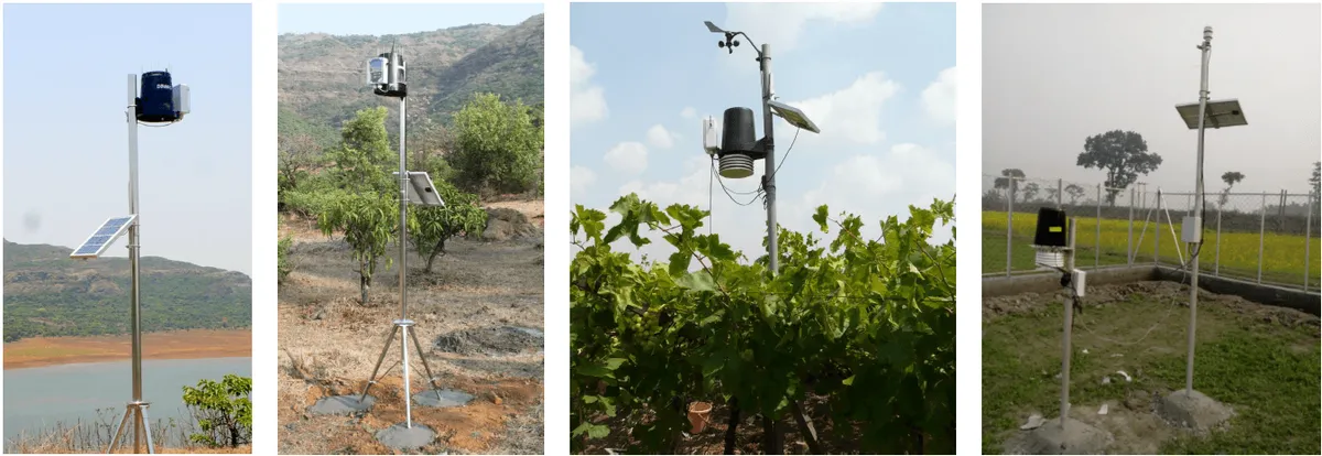 Four Aeron weather stations in the field: by a lake, in an orchard, among vines and on open farmland