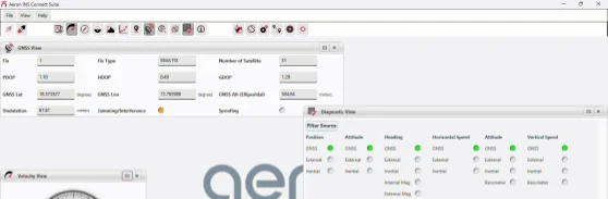 Aeron INS software screen showing Pollux 3 status and position data while under jamming and spoofing