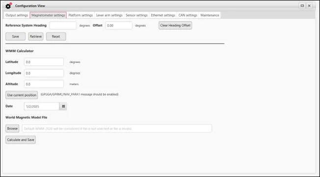 AICS Magnetometer settings tab where the heading offset against the reference system is entered and saved