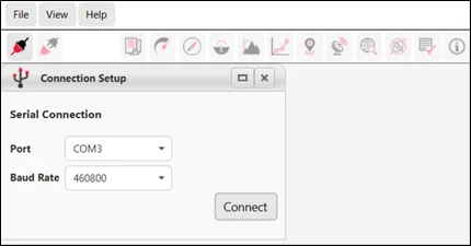 AICS Connection Setup window with serial port COM3, baud rate 460800 and the Connect button