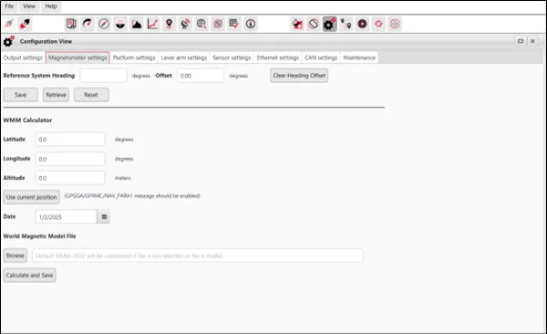 AICS Magnetometer settings tab with reference heading, offset and the World Magnetic Model calculator