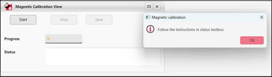 Magnetic Calibration View opened from the toolbar, with a prompt to follow the status box instructions