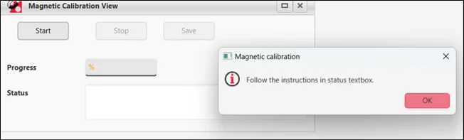 Magnetic Calibration View at the start of the process, with a prompt to follow the status box instructions