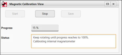 Magnetic calibration at 15% progress, with the status asking the user to keep rotating the device