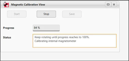 Magnetic calibration at 84% progress, with the status asking the user to keep rotating the device