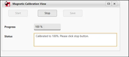 Magnetic calibration at 100%, with the status telling the user to click Stop