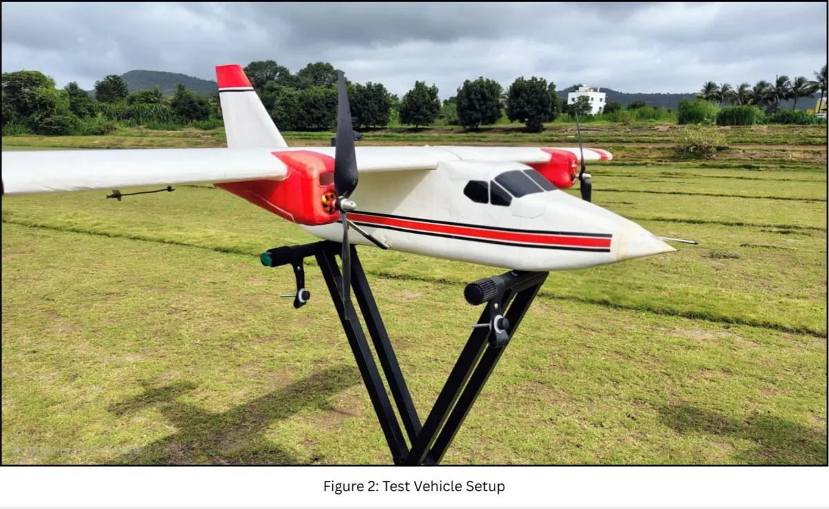 The rudderless twin-propeller fixed-wing test vehicle on the airfield