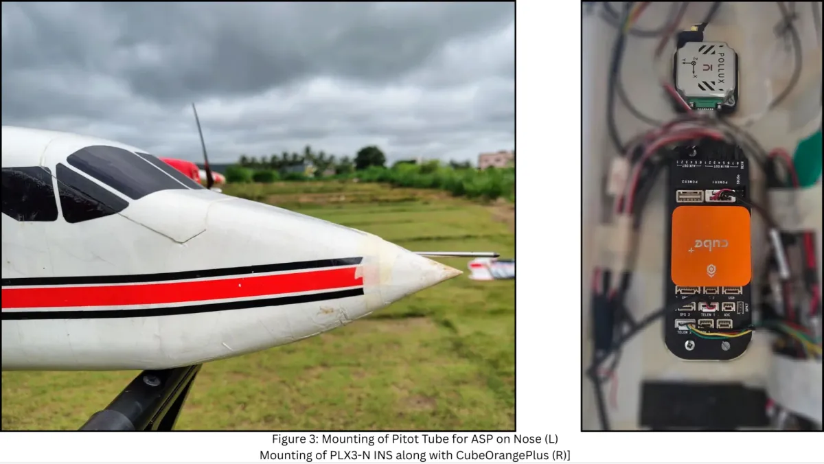 Pitot tube mounted on the aircraft nose, and the PLX3-N INS fitted next to the CubeOrangePlus autopilot