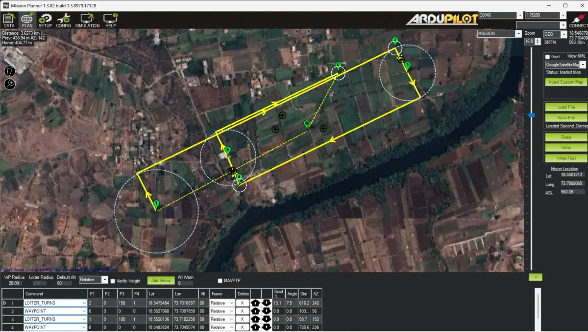 ArduPilot ground station map showing the planned autonomous mission waypoints over farmland