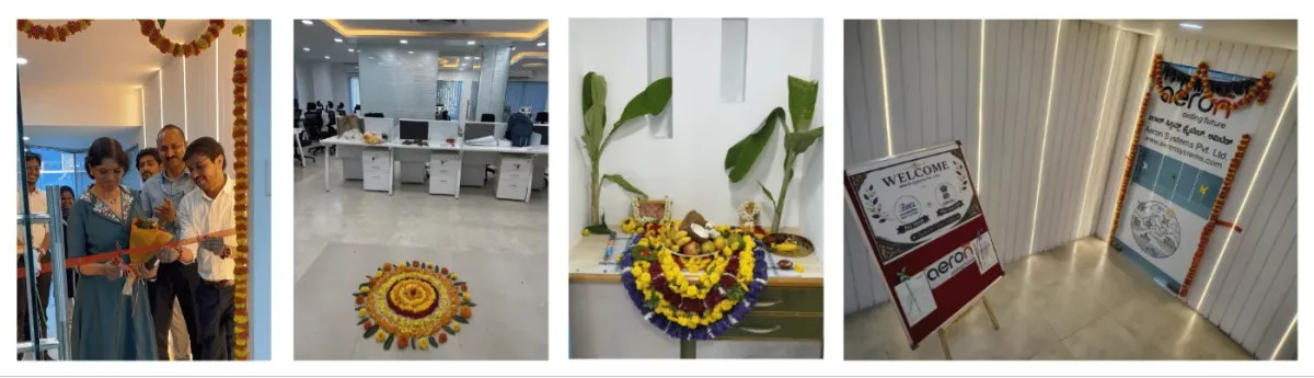 Ribbon cutting, a flower rangoli, decorations and the welcome board at the new Bengaluru office opening